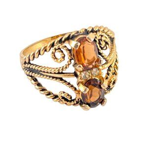 Vintage Gold Tone Ring With Amber-Like Stones & Intricate Rope Design Size 8.75